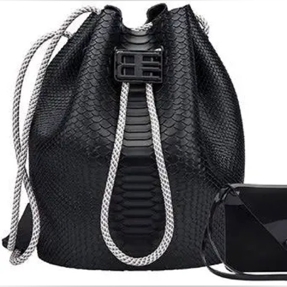 Melissa Handbags - Melissa Black Textured Bucket Bag with Silver Drawstring
